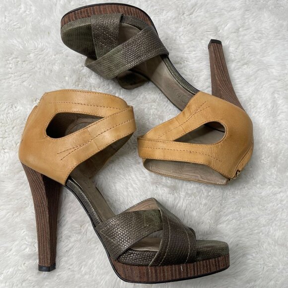 Elizabeth & James Women's Tan Green High Heel Sandal Leather Shoes Size 7.5 - Picture 2 of 14